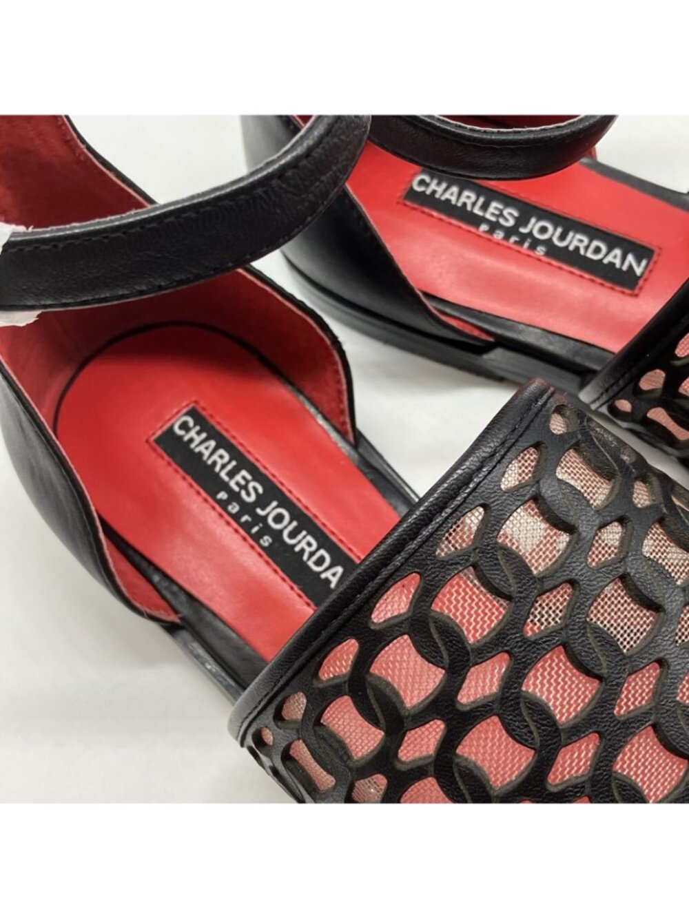 Charles Jourdan Black Laser Cut Sandals Ankle Strap Red Sole Size 6M - T17 - Picture 9 of 10